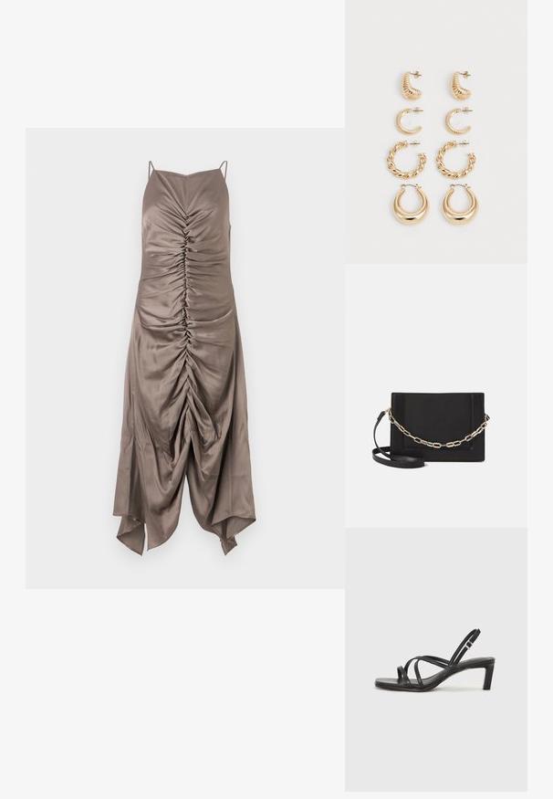 Rjava satenasta obleka s tankimi naramnicami, ki ima nabrano detajliranje na sprednji strani in asimetrični rob, gladko teksturo in prilegajoč kroj.; Črne natikače s trakovi in kvadratnim prstom ter nizkim blokastim peto. Imajo več tankih trakov in nastavljiv trak okoli gležnja. Narejene so iz gladkega usnja.; Črna usnjena torba čez ramo z gladko teksturo, pravokotno obliko in kovinskim verižnim detajlom spredaj. Vključena je nastavljiva naramnica.; Set petih zlatih uhans, ki vključuje različne modele: zvite, žlebaste in gladke površine v obliki obroča in polmeseca.