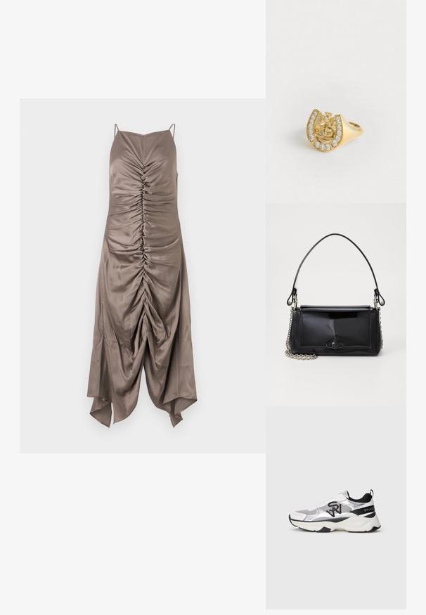Rochie din satin de culoare marron, cu bretele subțiri, având detalii pliate în față și un tiv asimetric, textură netedă și o formă ajustată.; Sneaker sportiv argintiu și alb, din material mesh și sintetic, cu guler căptușit, accente negre și o talpă voluminoasă. Detaliu cu logo negru pe lateral.; Geantă din piele patent neagră, cu o formă rectangulară, mânere din lanț și un accent distinctiv din metal în centru. Textură netedă.; Inel de aur cu un design în formă de coroană în interiorul unei potcoave, decorat cu mici pietre clare, pe un fundal alb.