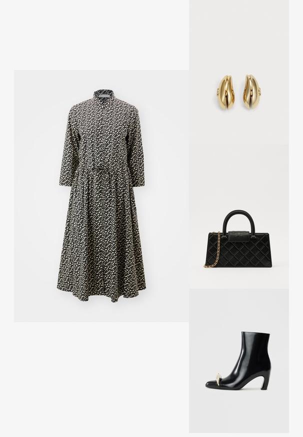 Melnā un baltā rakstainā kleita ar garām piedurknēm, augstu apkakli, savilkta josta un plūstošs svārku dizains. Izgatavota no viegla auduma.; Melnas potītes zābaki, izgatavoti no spīdīgas ādas, ar smailu purngalu un dekoratīvu zelta un sudraba akcentu priekšpusē. Bloka papēža dizains.; Melnā rokassomiņa, kas izgatavota no teksturētas ādas, ar dimanta rakstu, zelta toņa ķēdes siksnu un augšējo rokturi ar logo reljefā slēgšanu.; Zelta tonis auskari ar plūstošu, izliekta dizaina formu. Katrs auskar ir ar gludu virsmu un nelielu aizdari ar dekoratīvu detaļu.