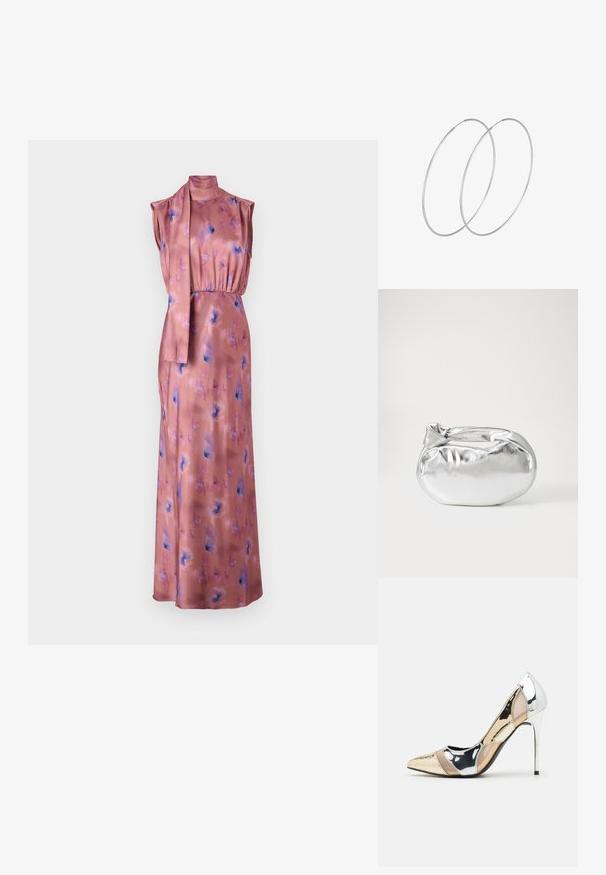 Robe longue sans manches en satin rose doux avec des motifs floraux en bleu et violet. Elle présente un col haut et un accent en tissu noué à la taille.; Chaussure à talon aiguille à bout pointu avec un schema de couleurs argent, or et nude. Fini brillant avec un design découpé, dotée d'un talon stiletto.; Pochette en métal argenté avec une forme douce et arrondie et un fermoir en haut noué. Fabriquée en simili cuir lisse.; Boucles d'oreilles en argent au design minimaliste. Forme circulaire, texture lisse et profil fin. Légères avec une finition polie.