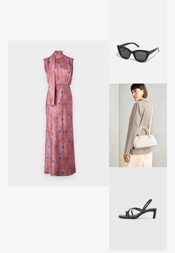 Długa, bezrękawna sukienka w miękkim różowym satiwie z kwiatowymi wzorami w kolorze niebieskim i fioletowym. Charakteryzuje się wysokim dekoltem oraz przewiązanym akcentem z materiału w talii.; Czarne sandały na obcasie z prostokątnym noskiem i niskim słupkowym obcasem. Posiadają wiele cienkich pasków i regulowany pasek na kostkę. Wykonane z gładkiej skóry.; Czarne okulary przeciwsłoneczne w kształcie kociego oka z matowym wykończeniem, z szarymi soczewkami, ostrymi kątami i smukłymi bocznymi ramionami. Nazwa marki widoczna na wewnętrznej części ramienia.; Biała torebka o strukturalnym kształcie z krótkimi uchwytami i paskiem na ramię, z złotymi akcentami i teksturowanym materiałem, prezentowana na szarym tle.