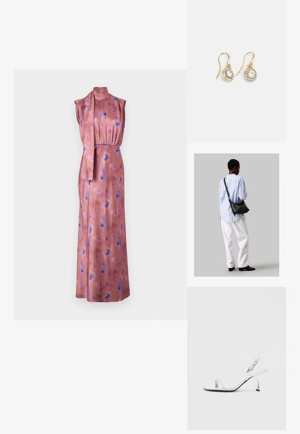 Langes, ärmelloses Kleid aus softem rosa Satin mit blauen und lila Blumenmustern. Es hat einen hohen Kragen und eine gebundene Stoffakzentuierung an der Taille.; Silberne Lackleder Slingback-Pump mit schmalem Zehenriemen, verstellbarem Schnallenverschluss und schlanker Absatzhöhe.; Schwarze Leder-Umhängetasche mit weicher Textur, dreieckiger Form und verstellbarem Tragegurt, kombiniert mit einem hellblauen gestreiften Hemd und weißen Hosen.; Goldfarbene Ohrringe mit ovalen klaren Kristallen, die von kleineren klaren Steinen umgeben sind, und einem Haken-Design für sicheren Halt.