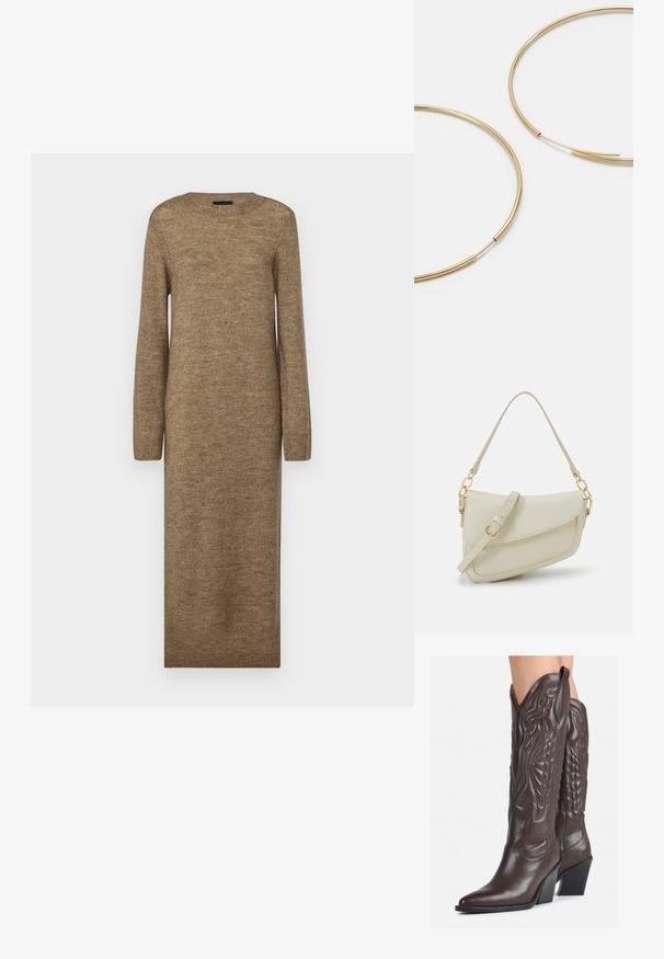 Duga, uska smeđa haljina napravljena od mekog pletenog materijala, s okruglim izrezom i dugim rukavima, s rebrastim detaljima na manžetama i rubu.; Smeđe kožne kauboj čizme s šiljastim vrhom i blok-potpeticom, s detaljno izvezenim šavovima i uzdignutim naglascima na okovu.; Mala krem torbica s teksturiranim finišom, dugačkim podesivim remenom, lančanim detaljem i preklopom. Zlaćani hardver.; Zlatne kružne naušnice, tanke i okrugle, s glatkom metalnom površinom bez ukrasa ili uzoraka.