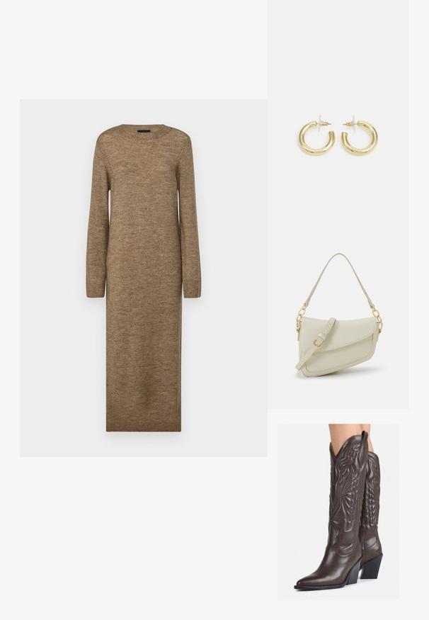 Rochie lungă, ajustată, de culoare brown, confecționată din material tricotat moale, cu decolteu rotund și mâneci lungi, având detalii cu dungi la manșete și tiv.; Bocanci de cowboy din piele maro, cu vârf ascuțit și toc pătrat, având cusături detaliate și accente ridicate pe tijă.; Geantă mică de crem cu un finisaj texturat, curea lungă și ajustabilă, accent cu lanț și închidere cu clapetă. Detalii din hardware aurie.; Cercei cercuri din aur cu un finisaj neted și strălucitor. Design circular cu un mic suport și un spate transparent pentru o purtare sigură.
