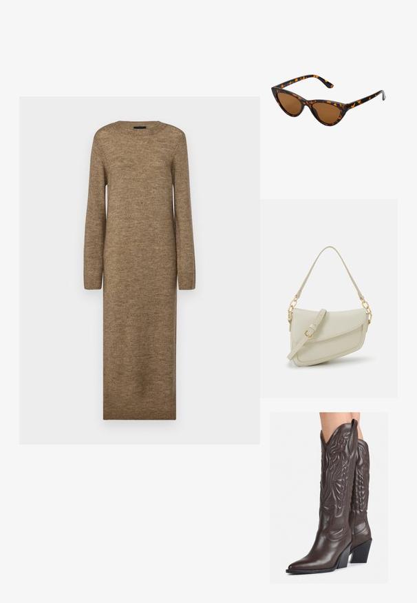 Vestido longo e justo, castanho, feito de material de malha macia, com decote redondo e mangas longas, apresentando detalhes canelados nos punhos e na bainha.; Botas de cowboy em couro castanho com bico pontudo e salto quadrado, apresentando costuras detalhadas e realces elevados no cano.; Óculos de sol estilo gato com uma armação em tartaruga preta e laranja, lentes castanhas e pontas elegantes e pontiagudas. Apresenta um logo minimalista na haste.; Pequena bolsa de creme com um acabamento texturizado, uma alça longa ajustável, um detalhe em corrente e um fecho de aba. Detalhes em hardware dourado.