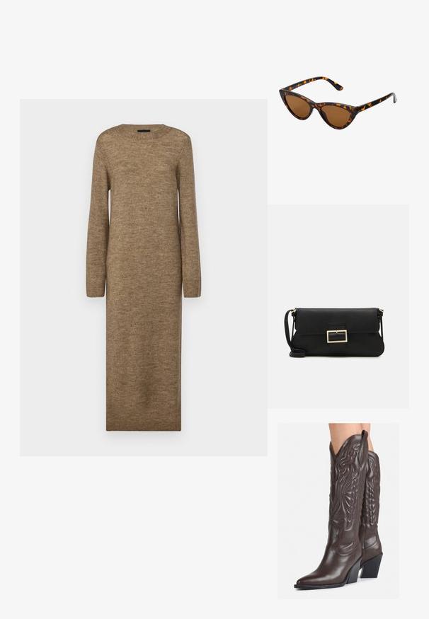 Dolga, oprijeta rjava obleka iz mehke pletene tkanine, z okroglim izrezom in dolgimi rokavi, z rebrastimi detajli na manšetah in robu.; Rjave usnjene kavbojske čevlje z ostrim nosom in blok peto, ki vsebujejo podrobno šivanje in dvignjene dodatke na zgornjem delu.; Mačje oči sončna očala z okvirom v črno-oranžni želvej ohišji, rjavimi lečami in elegantnimi, ostrimi konicami. Imajo minimalistični logo na ročaju.; Črna usnjena torbica na preklop z zlato kovinsko zaponko. Vključuje črn trak in eleganten, minimalističen dizajn.