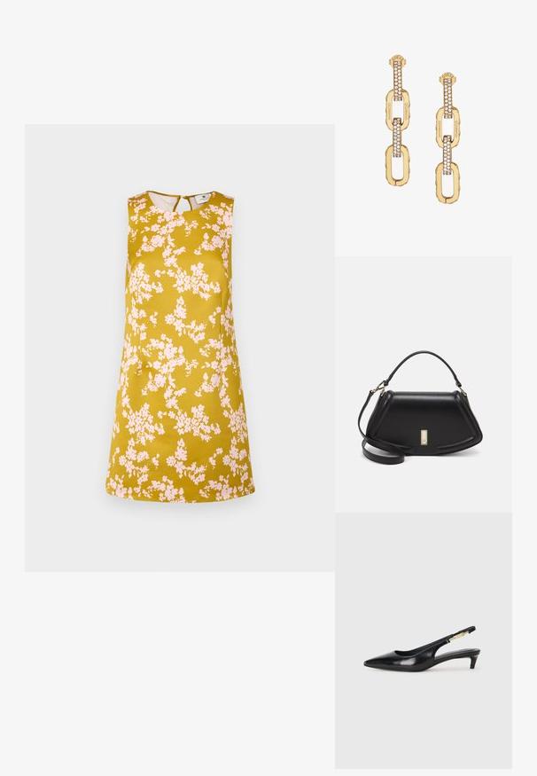 Kukallinen mekko sinapinkeltaisena, jossa on vaaleanpunaisia kukkia. Hihaton malli, pyöreä kaula-aukko ja avaus takana. Sujuva kangas.; Mustat nahkaiset slingback-korkokengät, joissa on terävä kärki, ohuet korot ja kultasävytteinen yksityiskohta säädettävässä hihnassa. Silkkinen pinta.; Mustalla nahkalaukulla, jossa on jämäkkä muotoilu, lyhyt malli, yläkahva ja kultaiset yksityiskohdat. Säädettävä olkahihna sisältyy.; Kultaketju korvakorut, joissa on kirkas kristallituki, kaiverrettu "GUESS" -brändäys ja sileä pinta.