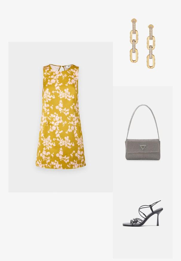 Floral dress in mustard yellow with pink flowers. Sleeveless design, round neckline, and a back keyhole cutout. Smooth fabric texture.; Black high-heeled sandals feature thin straps with a knotted design, a smooth square toe, and a sleek stiletto heel.; Light gray metallic handbag featuring a chain strap, embellished with small circular metallic studs and a triangular brand logo.; Gold chain-link earrings featuring a clear crystal-accented design, with engraved "GUESS" branding and a smooth finish.