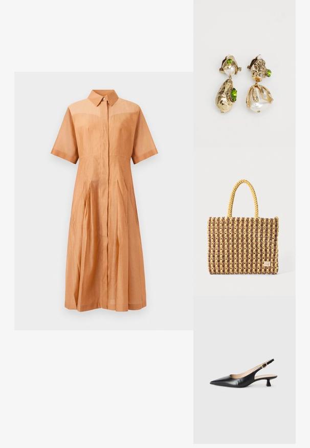 Rochie midi cu mânecă scurtă de culoare brown deschis, cu guler, nasturi ascunși pe față, talie ajustată și fustă pliată.; Pantofii cu toc kitten slingback din piele neagră, cu vârf ascuțit și cataramă aurie pe brățara laterală, pe un fundal alb.; Geantă țesută în nuanțe de maro și galben, cu o formă rectangulară, două bretele de mână și un finisaj texturat cu cusături vizibile și un etichetă de marcă.; Cerceii cu nuanță de aur prezintă forme neregulate texturate, împodobiți cu pietre prețioase verzi și perle albe, asigurați cu prinderi tip clip.