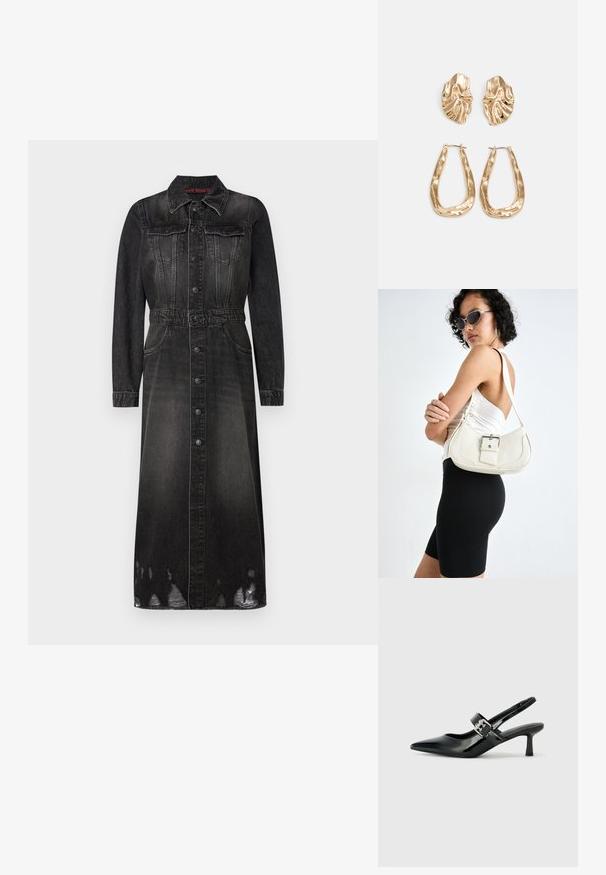 Mustapardi mekko pitkillä hihoilla, napit edessä ja vyötäröllä vyö. Sisältää kaksi rintataskua ja haalistuneen helman yksityiskohtia.; Musta patenttinaahkakengät, joissa on osoittava kärki ja pieni lohko korko, varustettuna hopeisella soljella hihnassa.; Valkoinen nahkalaukku, jossa on kaareva muoto, säädettävä olkahihna ja pieni solk yksityiskohta. Mallilla on yllä tiukka musta asu.; Korukultainen korvakorut, joissa on teksturoituja, aaltoilevia muotoja. Mukana on veistokselliset klipsikorvakorut ja avoin rengasmalli, jossa on vasaroitu pinta.