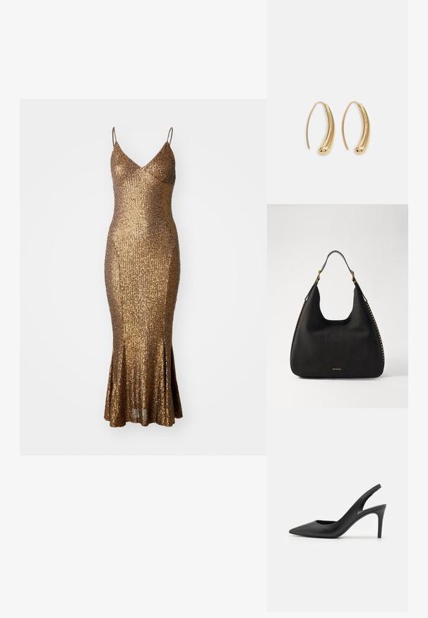 Kuldsete sädeleva vooluga kleit, millel on tihe siluett, õhukesed rihmad ja laienev ääreosa. Tekstureeritud pind peegeldab valgust, suurendades sädelust.; Must musta sanga, millel on terav nina ja esiosas lõige, ning õhuke stiletto konts.; MICHAEL Michael Kors NOLITA HOBO  - Käekott - black; Kuldtoonilised metallist rõngas kõrvarõngad, millel on kõver ja piklik kuju. Omavad siledat, läikivat pinda ja ümarat tipptugevdust, mis lisab detaili.