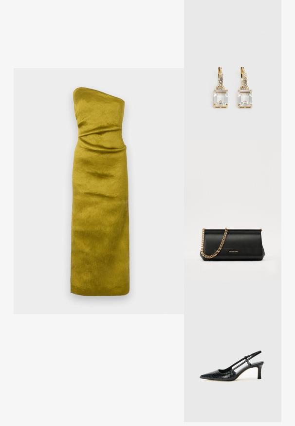 Rihmatu, tiheline kleit sinepikollases värvitoonis, millel on sile, kergelt tekstureeritud kangas. Omab peeneid voldikesi, et rõhutada vormi.; Mustmust paelad, millel on terav varvas, tekstuuriga maduprindiga, reguleeritav rihm ja lühike tekstuuriga plokknina.; Mustast nahast klamberkott kuldse kettrihmaga, millel on sile tekstuur, ristkülikuline kuju ja esiküljel reljeefne brändingu märk.; Kuldtooni kõrvarõngad, millel on ristkülikukujuline, selge kristall, mis ripub allapoole väikeste ümmarguste selgete aktsentide rida. Viimistletud, kaasaegne disain.