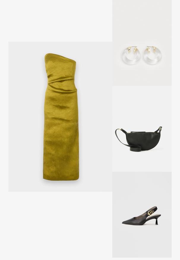 Olkaimeton, tiukka mekko sinapinkeltaisena, jossa on sileä, hieman teksturoitu kangas. Sisältää hienovaraisia laskoksia muodon määrittämiseksi.; Musta slingback-korokkeellinen kenkiä, jossa on kärki, sileä nahkapinta ja kultasävyinen solki aksentti hihnassa.; Mustikkavärinen nahkainen crossbody-laukku, jossa on puolikuun muoto, teksturoitu pinta, kultainen vetoketju ja litteä olkahihna. Kompakti muotoilu, joka sopii välttämättömyyksille.; Läpinäkyvät akryylirenkaat kullansävyisillä metallikoristeilla ja kiiltävällä pinnalla. Ominaisuuksina sileä, ympyränmuotoinen muotoilu.