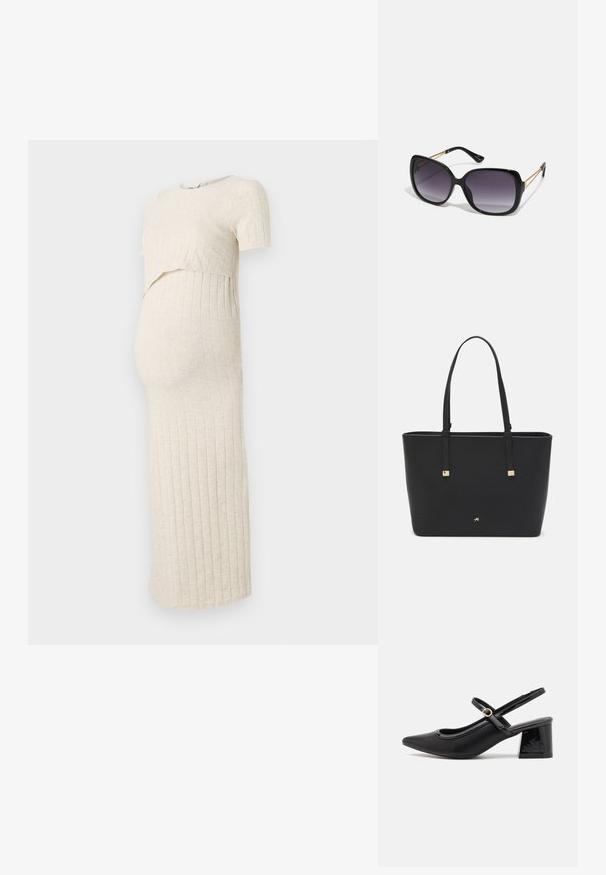 Maternitātes kleita gaiši bēšā krāsā ar ribotu tekstūru. Iezīmēts kropto topu un pieguļošu svārku, kas izstrādāts, lai pielāgotos augošai vēderam.; Melns patentēts ādas sandales ar norādīta pirksta formu, noapaļotu izgriezuma dizainu un bloķētu papēdi. Iezīmēta ar zelta toņa sprādzi.; Melni pārmērīgi lieli saulesbrilles ar gradāciju lēcām, biezām rāmja malām un zeltainas krāsas ķēžu detaļām uz tempļiem.; Melnā somiņa, kas izgatavota no sintētiska materiāla, ar vienkāršu taisnstūra formu, zelta kvadrātveida akcentiem un divām rokturiem.