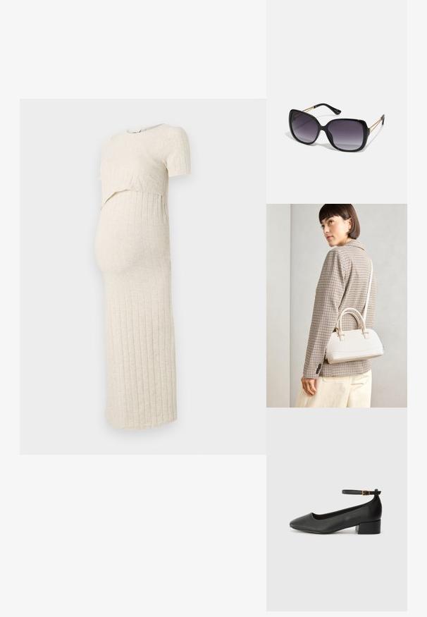 Vestido de maternidade em bege claro com textura canelada. Apresenta um top curto e uma saia justa, desenhado para acomodar uma barriga em crescimento.; Sandal de pele preta com bico pontiagudo e um salto bloco baixo. Apresenta uma tira no tornozelo com uma fivela em tom dourado. Textura suave.; Óculos de sol oversized pretos com lentes degradê, armações grossas e detalhes em corrente dourada nas hastes.; Bolsa estruturada branca com alças curtas e uma alça de ombro, com detalhes em hardware dourado e material texturizado, exibida contra um fundo cinza.