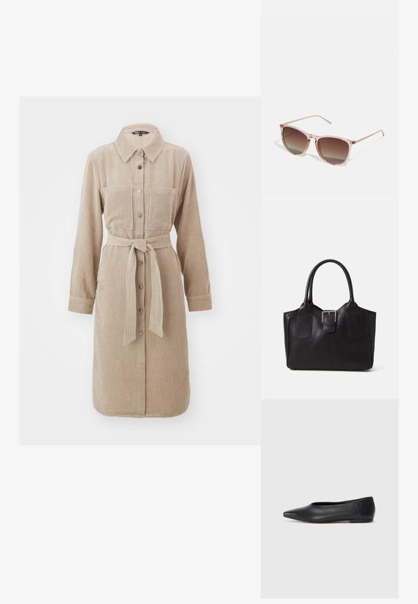 ONLY ONLMERLE DRESS - Tričkové šaty - mocha meringue; Čierne kožené baletky, špicatý špička, minimalistický dizajn, hladká textúra, nízky podpätok, bez viditeľných prvkov alebo ozdôb.; Hnedé slnečné okuliare s prechodovým efektom a priehľadným ružovým rámom, štvorcového tvaru a tenkými kovovými ramenami. Obsahujú zaoblené okraje a minimálne detaily.; Čierna kožená taška s hladkou textúrou, štruktúrovaným tvarom, dvoma uchami a výrazným strieborným prackovým detailom na prednej strane.; Strieborné kruhové náušnice s elegantným, okrúhlym dizajnom, s hladkým povrchom a bez viditeľných ozdôb. Priemer nie je špecifikovaný.