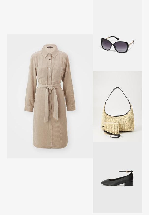 ONLY ONLMERLE DRESS - Ingruha - mocha meringue; Fekete bőr magassarkú cipő hegyes orral és alacsony tömb sarkal. Bokapánttal rendelkezik, aranyszínű csattal. Simább textúra.; Fekete, oversize napszemüveg fokozatos árnyalatú lencsékkel, vastag kerettel és arany színű lánc díszítéssel a szárakon.; Fonott szalmakézi táska ívelt sziluettel, sima fekete bőrszíjjal és egy hozzá illő, csuklószíjjal rögzített kis tasakkal.