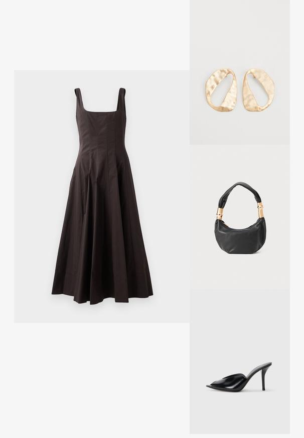 Brūna bez piedurknēm kleita ar kvadrātveida dekoltē, pieguļošu augšdaļu un izplestu svārku. Izgatavota no teksturēta auduma ar skaidrām līnijām un bez redzamām desena.; Melnas ādas augstpapēžu mūlas ar atvērtu purngalu, vērptu dizainu, gludu tekstūru un šauru stilletu papēdi.; Melnas ādas rokassoma ar apaļu formu, mīkstu tekstūru un mezgla rokturi, kas rotāts ar zelta tonētiem aksesuāriem. Ar rāvējslēdzēja aizdari.; Pāris neregulāras ovālas formas zelta toņos metāla auskaru ar teksturētu, nedaudz sitētu virsmu uz baltas fona.