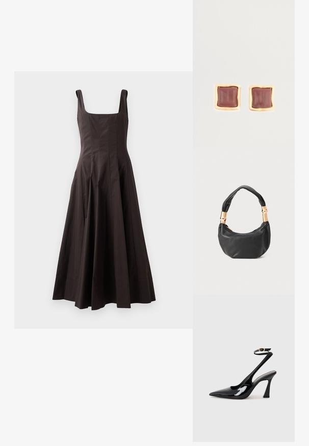 Brun ärmlös klänning med kvadratisk halsringning, figurnära liv och en utsvingd kjol. Tillverkad av strukturerad tyg med rena linjer och inga synliga mönster.; Svart patentläder slingback högklackade skor med spetsig tå, justerbar ankelsnodd och en måttlig blockklack. Slät yta med glansig finish.; Svart läderhandväska med rund form, mjuk textur och ett knuthandtag med detaljer i guldfärg. Dragkedjestängning.; Kvadratiska studsörhängen med en djup vinröd mitt och en guldfärgad, strukturerad ram. Slät yta med rundade kanter.