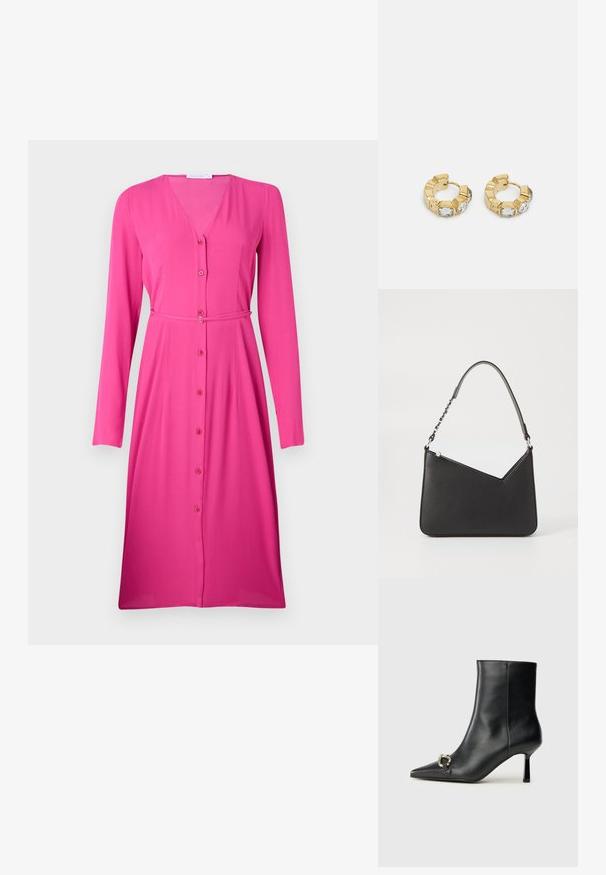 Rochie roz cu mânecă lungă, realizată dintr-un material neted. Decolteu în V cu nasturi în față și o curea din același material la talie.; Botine negre din piele, cu vârf ascuțit, toc subțire de înălțime medie și detaliu cu cataramă argintie pe lateral, pe un fundal simplu.; Geantă din piele neagră cu formă triunghiulară, curea subțire și accesorii din metal argintiu. Dispune de închidere cu fermoar și logo embosat pe față.; Cercei din aur în stil cerc cu un design texturat, având trei accente de cristal transparent pe o parte, oferind o estetică geometrică modernă.