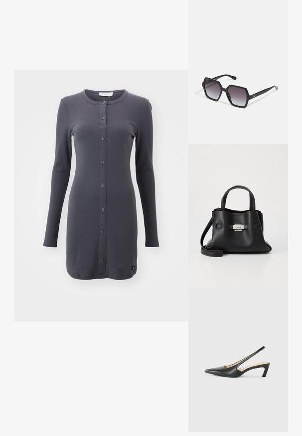 Dolga rokava, temno siva kardigan iz rebraste tkanine; ima zaobljen ovratnik in popoln gumbasti sprednji del z manjšo oznako na robu.; Črne čevlje s koničastimi nosovi in slingback obliko z nizko peto, izdelane iz gladke usnjene materiale ter s črtasto zasnovo na strani za prezračevanje.; Črne heksagonalne sončna očala z gradientnimi lečami, s sijočo površino in diskretnim logotipom na robu. Trajna plastična zasnova.; Črna usnjena torbica z teksturirano površino, ki ima dva zgornja ročaja, odstranljiv ramenski trak in podrobnosti z srebrnim zapiranjem.