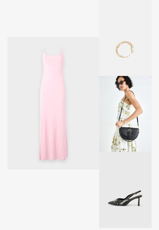 Rozā, bez piedurknēm, maksi kleita, izgatavota no gludas auduma. Piemīt plānas siksnas un taisna silueta ar sānu šķēlumiem apakšmalā.; Melnā patentēta ādas sandale ar norādītu purngalu, potītes siksniņām ar sudraba sprādzēm un aparatūru, kā arī smalku papēdi.; Melnas ādas rokassoma ar izliekta formu, noņemamu siksnu un zelta aksesuāriem. Somai ir vāciņš ar sprādzes detaļu.; Zelta toņa gredzens ar organisku, vērptu dizainu, gludu virsmu un sašaurinātiem galiem, radot mūsdienīgu, skulpturālu izskatu.