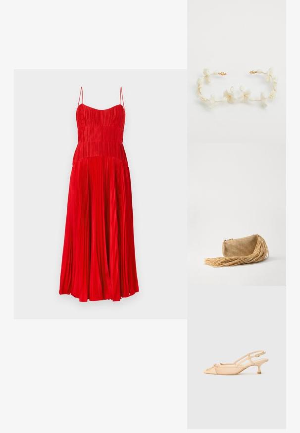 Sarkana plānas plecos kleita ar pieguļošu augšu un smalkām siksnām, kurai ir plūstoša svārku daļa, kas sasniedz pusgurnu garumu. Gluda tekstūra.; Stuart Weitzman KITTY - Klasiski papēži - beige/barely beige; Cult Gaia VIERA - Vakarsomiņa - natural; Cult Gaia EARRING - Auskari - white