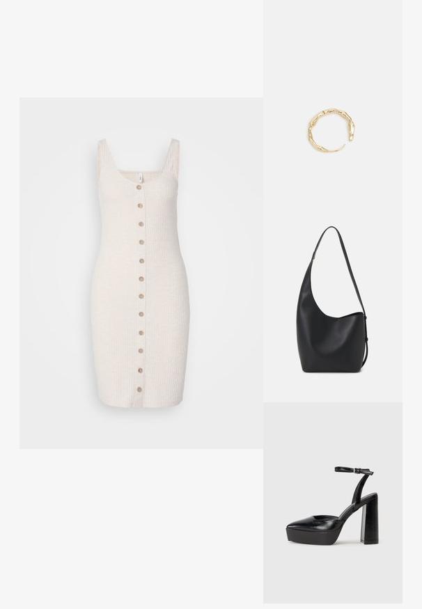 Rebrasti, svijetlosmeđi haljinu s izrezom u obliku žlice i uskim naramenicama, s redom od 7 okruglih, bež gumba duž prednje strane.; Crne platforme s potpeticom s oštrim vrhom i podešivom naramenicom. Izrađene od glatke kože, s masivnom blok petom.; Crna kožna hobo torba s glatkom teksturom, zakrivljenim oblikom i jednom podesivom trakicom; ima širok otvor na vrhu.; Prsten u zlatnoj nijansi s organskim, uvijenim dizajnom, glatkom teksturom i suženim krajevima, koji stvara moderan, skulpturalni izgled.