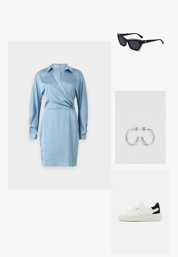 Svetlomodré saténové šaty s dlhými rukávmi, golierom a naťahovanými manžetami. Obsahujú výstrih do V a hladký, lesklý povrch.; Biele kožené tenisky s hrubou bielou podrážkou, čiernym zamekom na päte a vyrazeným logom na boku. Šnurovací dizajn so šiestimi očkami.; Čierne oversized slnečné okuliare s geometrickým tvarom, s tmavými šošovkami a kontrastným šedým detailom na ráme. Logo na mostíku.; Strieborné kruhové náušnice s hladkým a lesklým povrchom. Okrúhly tvar, ľahký dizajn, s uzáverom na kolík.