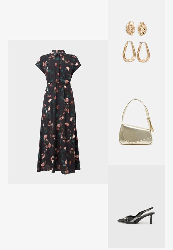 Black floral dress with short cap sleeves, button-down front, waistline cinch, and varied pink and green floral patterns throughout.; Black patent leather slingback shoe with pointed toe, ankle straps featuring silver buckles and hardware, and a slender heel.; Gold metallic handbag with a structured design, smooth texture, and adjustable strap. Features a unique triangular shape and minimalist stitching.; Gold-tone earrings featuring textured, wavy shapes. Includes sculptural clip-on studs and open hoop design with a hammered finish.