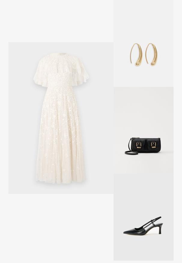 Ilga, dramatiška vakarėlių suknelė iš dramblio kaulo spalvos su prigludusia liemene ir platėjančia sijona. Suknelė turi permatomą, volanų apdailą ir gėlių dekoracijas visoje suknelėje.; Juodai lakuoti slingback aukštakulniai su smailiu nosiu, su tekstūruotu gyvatės raštu, reguliuojama juosta ir trumpu, tekstūruotu blokiniu kulnu.; Juodas odinis per petį nešiojamas krepšys su dviem priekiniais kišenėmis, auksiniais sagtimis, užtrauktuko uždarymu ir siauromis petnešomis. Textūruota paviršius ir kompaktiškas stačiakampis formatas.; Auksinės metalinės auskarų kabės su lenktą, pailgą forma. Turi lygų, blizgantį paviršių ir užapvalintą galiuką papildomam akcentui.