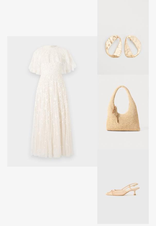 Duga, slonovačka večernja haljina s uskim korzetom i raširenom suknjom. Sadrži prozirni, nabran plašt i cvjetne ukrase širom haljine.; Stuart Weitzman KITTY - Klasične cipele s visokom petom - beige/barely beige; Tkanina bežna torba s zakrivljenim ručkom, teksturiranom površinom i smeškom smeškom od smeđe boje. Ima opušten oblik hobo torbe.; Par zlatnih metalnih naušnica nepravilnog ovalnog oblika s teksturiranom, blago kovanom površinom na bijeloj pozadini.