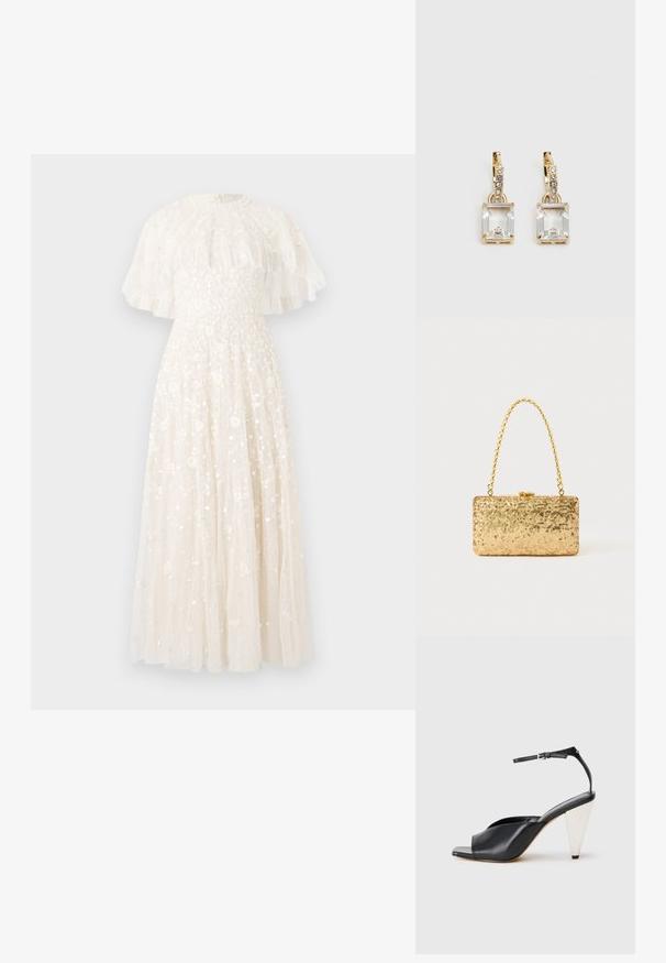 Duga, slonovačka večernja haljina s uskim korzetom i raširenom suknjom. Sadrži prozirni, nabran plašt i cvjetne ukrase širom haljine.; Crne kožne sandale s visokim potpeticama, otvorenim prstima, asimetričnim dizajnom, remenom oko članka i metalnom konusnom potpeticom. Glatka tekstura kroz cijelu cipele.; Zlatna šljokasta torbica u pravokutnom obliku, s uvrnutom lancem kao drškom i metalnim kopčanjem, koja odražava svjetlost s teksturiranim završetkom.; Zlatne naušnice s pravokutnim, prozirnim kristalom koji visi ispod niza malih, okruglih prozirnih akcenata. Elegantni, moderni dizajn.