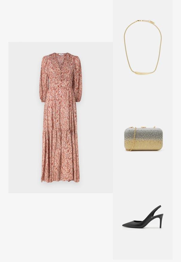 Maxikjole med dyb V-udskæring, lange puffærmer og et lagdelt skirt. Fremstillet af letvægtsstof med et blomstermønster i varme nuancer.; Sorte læder slingback høje hæle med spids tå-design, der har en udskæring fortil og en tynd stiletto-hæl.; Mascara Clutches - gold-coloured/silver-coloured; Guldplateret halskæde med en glat, buet central aksent. Har en fleksibel kæde med en hummerlås og ekstra justerbare kædelinks.