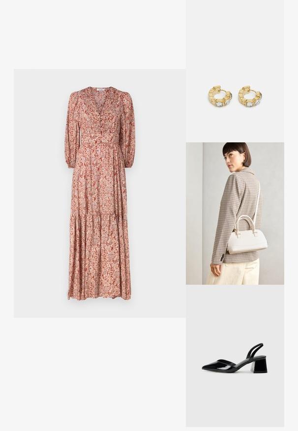 Maxikjole med dyb V-udskæring, lange puffærmer og et lagdelt skirt. Fremstillet af letvægtsstof med et blomstermønster i varme nuancer.; Sorte patentlæder slingback hæle med spids tå og en geometrisk blok hæl. Har et elegant, minimalistisk design og en glat tekstur.; Hvid struktureret taske med korte håndtag og en skulderrem, prydet med guldfarvede hardwaredetaljer og tekstureret materiale, præsenteret mod en grå baggrund.; Guldøreringe med en struktureret design og tre klare krystalaccenter på den ene side, der tilbyder en moderne geometrisk æstetik.