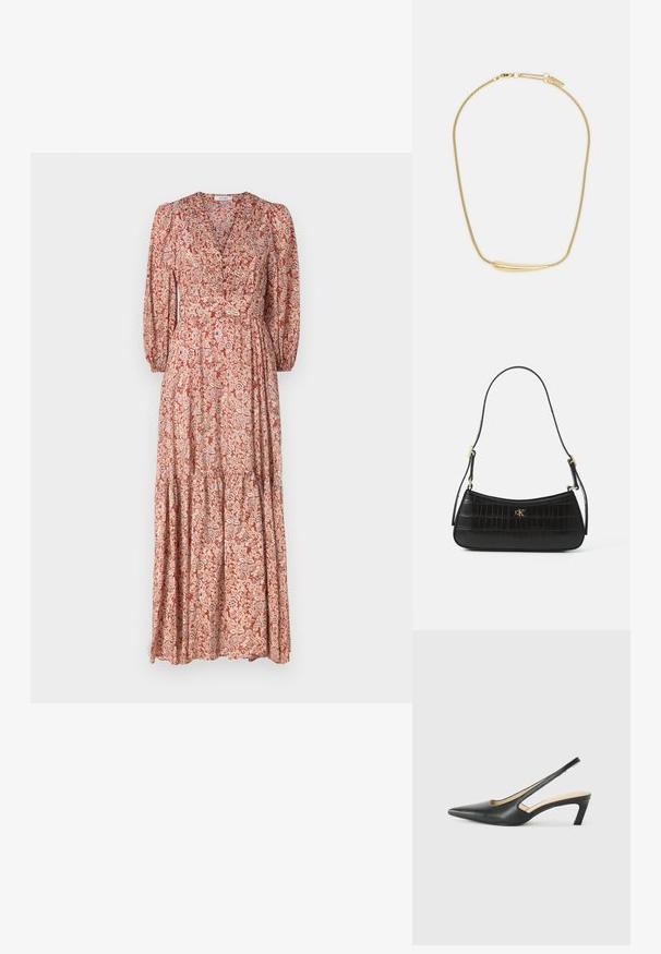 Maxi jurk met een diepe V-hals, lange pofmouwen en een gelaagde rok. Gemaakt van lichtgewicht stof met een bloemenpatroon in warme tinten.; Zwarte puntige slingback schoen met een lage hak, gemaakt van soepel leer en voorzien van een uitsnede aan de zijkant voor ventilatie.; Zwarte leren handtas met krokodillenstructuur, slank ontwerp en gouden hardware. Voorzien van een enkele schouderriem en een reliëf logo-detail.; Gouden ketting met een gladde, gebogen centrale accenten. Beschikt over een flexibele ketting met een kreeftsluiting en extra verstelbare schakels.