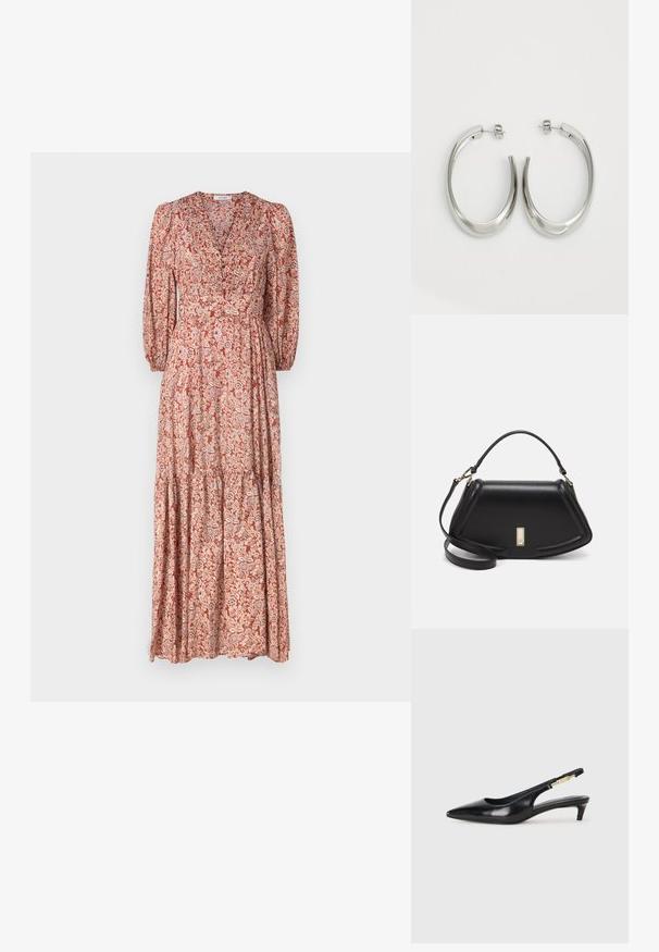 Maxi dress with a deep V-neck, long puff sleeves, and a tiered skirt. Made of lightweight fabric featuring a floral pattern in warm tones.; Black leather slingback heels with a pointed toe, featuring a slim heel and a gold-tone accent on the adjustable strap. Smooth texture.; Black leather handbag with a structured design, featuring a cropped shape, top handle, and gold hardware accent. Adjustable shoulder strap included.; Silver hoop earrings with a smooth, curved design. Features a shiny metallic finish and stud closure. No visible patterns or accents.