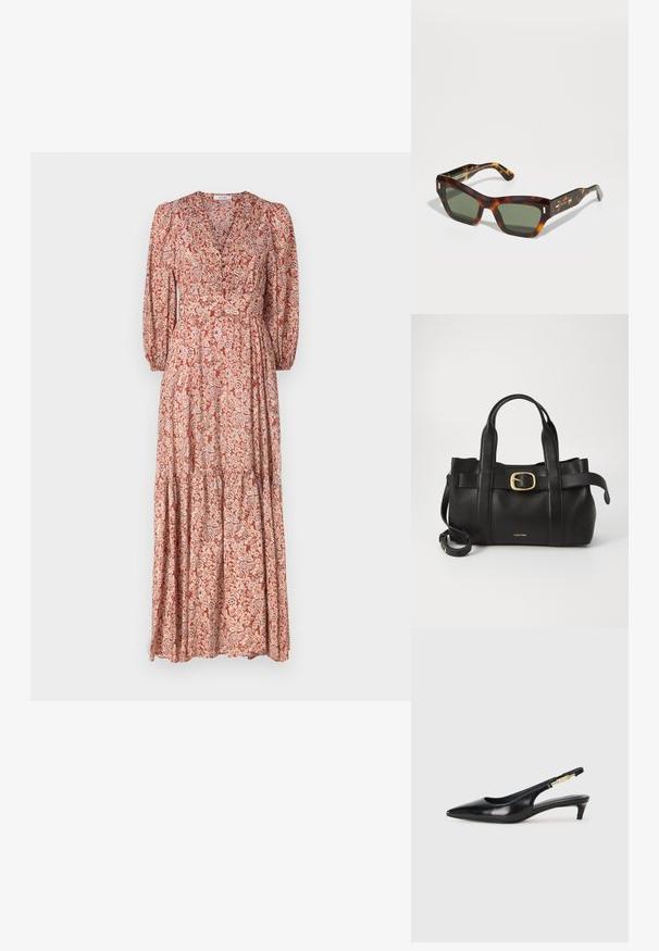 Maksimalus suknelė su giliu V formos dekolte, ilgomis pūstomis rankovėmis ir sluoksniuota sijona. Pagaminta iš lengvos medžiagos su gėlių raštu šiltose spalvose.; Juodas odinis pavasario batelių modelis su smailiu nosiu, turintis siaurą kulniuką ir auksinės spalvos akcentu reguliuojamoje juostoje. Lygi tekstūra.; Tortoiso akinių saulės akiniai su stačiakampiais žaliais objektyvais. Storas rėmas su auksinėmis detalėmis ant šventyklų. Lygus paviršius ir kampuotas dizainas.; Juodas odinis rankinės maišas su struktūrizuotu dizainu, dviem viršutinėmis rankenomis, auksinės spalvos sagtimi ir iškilniu prekės ženklu priekyje.