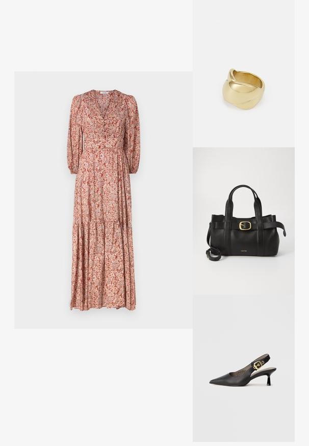 Maxikjole med dyb V-udskæring, lange puffærmer og et lagdelt skirt. Fremstillet af letvægtsstof med et blomstermønster i varme nuancer.; Sort slingback højhælt sko med spids tå, glat læderstruktur og en guldfarvet spændeaccent på remmen.; Sort læderhåndtaske med et struktureret design, dobbelte toppegreb, guldtonet spændeaccents og præget logo på forsiden.; Guldfarvet ring med et glat, snoet design. Har en poleret overflade og afrundede kanter, hvilket skaber en sømløs, flydende form.