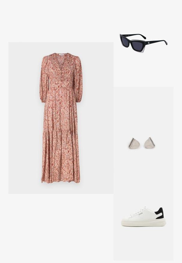 Maxikleid mit tiefem V-Ausschnitt, langen Puffärmeln und einem gestuften Rock. Hergestellt aus leichtem Stoff mit einem floralen Muster in warmen Tönen.; Weiße Leder-Sneaker mit einer dicken weißen Sohle, schwarzem Wildlederakzent an der Ferse und geprägtem Logo an der Seite. Schnürdesign mit sechs Ösen.; Schwarze übergroße Sonnenbrille mit geometrischer Form, ausgestattet mit dunklen Gläsern und einem kontrastierenden grauen Detail im Rahmen. Logo am Bügel.; Silberne Metalohrringe mit einer glatten, tröpfchenförmigen Form und einer polierten Oberfläche. Subtile Gravuren fügen Details hinzu. Minimalistisches Design.