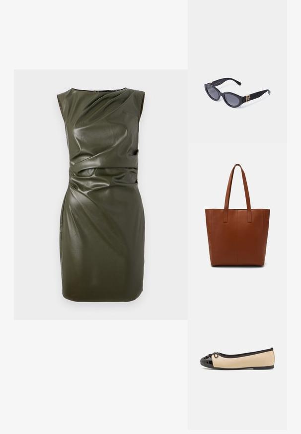 Olivgrünes ärmelloses Kleid aus lederähnlichem Material, das eine taillierte Form mit drapierten Details am Oberteil und in der Taille aufweist.; Ballerinas mit einem beigen Lederoberteil und einer glänzenden schwarzen Lackleder-Zehenkappe. Mit einem kleinen Schleifendetail an der Vorderseite. Flacher Absatz.; Schwarz kattige Sonnenbrille aus Kunststoff mit dunklen Gläsern und goldenen Logo-Akzenten an den Bügeln. Glatte Oberfläche, elegantes Design.; Braune Leder-Shopper-Tasche mit glatter Textur, vertikalen Nahtdetails und zwei flachen Tragegriffen. Offenes Oberteil-Design, geräumiger Innenraum.