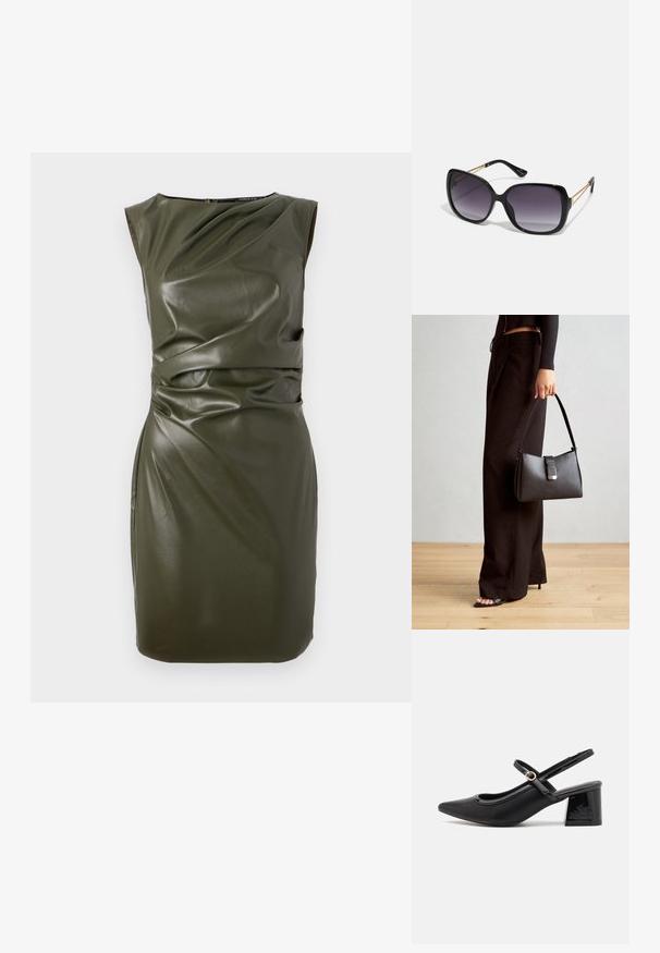 Vihreä oliivinvärinen ilman hihoja oleva mekko, joka on valmistettu nahkamaalisesta materiaalista. Mekossa on istuva muotoilu ja drapeerauksia vartalon ja vyötärön kohdalla.; Musta lakattu nahka slingback-korkokengät, joissa on terävä kärki, pyöreä aukko-muotoilu ja lohkokorko. Varustettu kultasävyisellä solkiyksityiskohdalla.; Mustat ylisuurten kehysten aurinkolasit, joissa on liukuväri-linssit, paksut kehykset ja kultasävyiset ketjustuskoristeet temppeleissä.; Musta käsilaukku, jossa on rakenteellinen muoto, sileä pinta ja metallinen solki. Yhdistetty leveisiin mustiin housuihin ja avonaiheisiin sandaaleihin puulattialla.