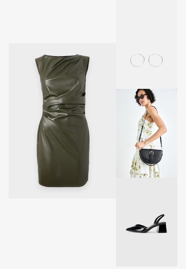 Olívazöld, ujjatlan ruha bőrszerű anyagból, formázott fazonú, drapériás részletekkel a felsőtesten és a deréknál.; Fekete lakk bőr szandálkés magas sarkú cipő, hegyes orral és geometrikus tömbsarkakkal. Karcsú, minimalista dizájn és sima textúra jellemzi.; Fekete bőrtáska ívelt formával, levehető pánttal és arany színű fémrészekkel. A táskán egy csattal díszített fedél található.; Ezüst karika fülbevalók, letisztult, kerek formával, sima felülettel és látható díszítés nélkül. A átmérő nem megadott.