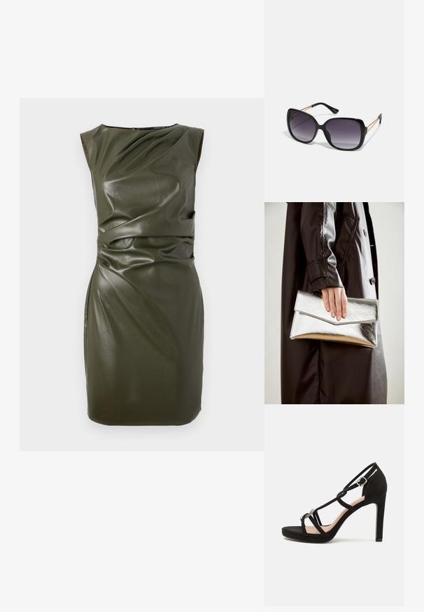 Olive green sleeveless dress made of leather-like material, featuring a fitted design with draped detailing on the bodice and waist.; Black suede high-heeled sandal with crisscross straps, a decorative silver-tone accent, and a platform sole for added height.; Black oversized sunglasses with gradient lenses, thick frames, and gold-tone chain detailing on the temple arms.; Silver metallic clutch with an angular envelope design, smooth texture, and contrasting interior color, held in a hand wearing a black coat.