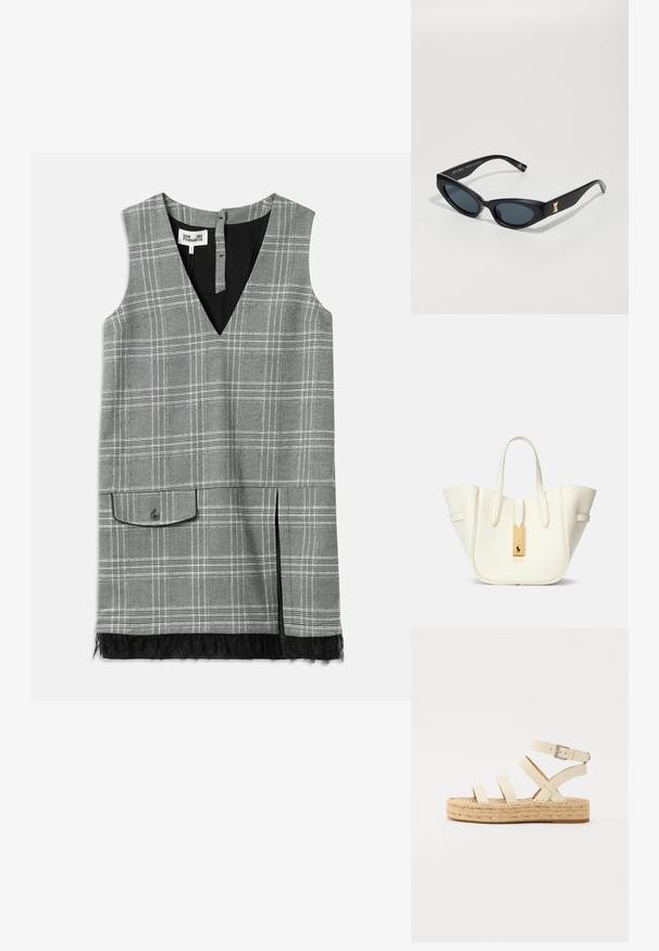 Vestido sem mangas em padrão xadrez cinza, com decote em V, bolso lateral e acabamento em renda na barra. Apresenta forro preto e fechamento com botão nas costas.; Sandálias de couro bege com tiras cruzadas, detalhe em fivela e sola plataforma de juta. O design apresenta uma textura grossa entrelaçada e base plana.; Óculos de sol pretos com um design elegante e angular. Apresentam lentes escuras, um acabamento brilhante e um detalhe dourado na haste.; Mala tote de couro branco com uma forma estruturada, costura proeminente, etiqueta de metal dourado e alças duplas. Superfície texturizada com bolsos laterais.