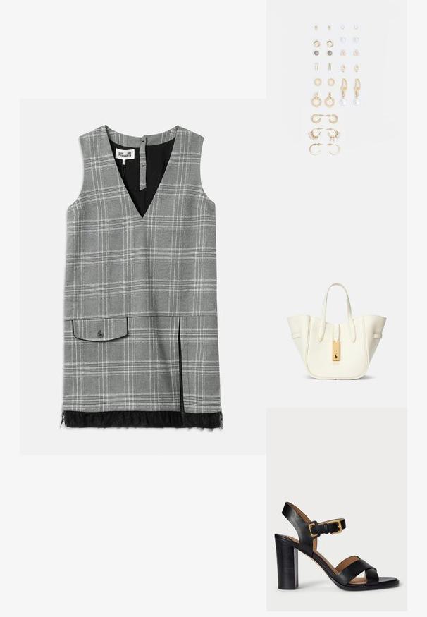 Szürke kockás, ujjatlan ruha V-nyakkal, oldalsó zsebbel és csipke díszítéssel az alján. Fekete bélés és gombos zárás található a hátsó részen.; Fekete bőr, magas sarkú szandál, keresztbe futó pánttal és csattal. Jellemzője a vastag sarok és a sima textúra.; Fehér bőr táska strukturált formával, kiemelkedő varrásokkal, arany színű fém címkével és dupla fogantyúkkal. Texturált felület oldalzsebekkel.; Arany tónusú fülbevalók szettje, amely különféle mintákat tartalmaz, beleértve a stift fülbevalókat, karikákat és gyöngyökkel és strasszokkal díszített hosszú fülbevalókat.