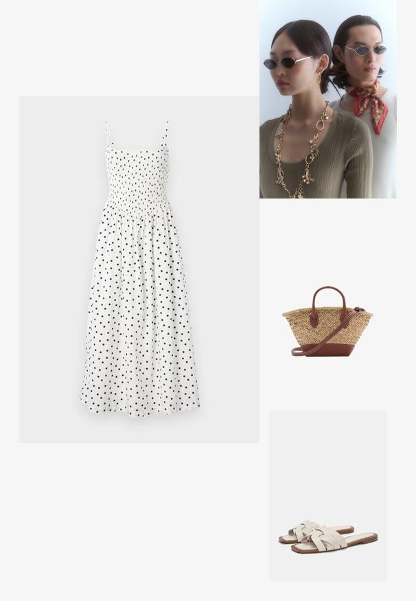 Hvid midi kjole med sorte prikker, med en smocket bodice, tynde skulderstropper og en let flared nederdel. Blødt stof med en let tekstur.; Lys beige slidesandal med vævede stropper, der har en flad sål og minimalistisk design. Glat tekstur med subtile farvekontrastdetaljer.; Runde solbriller med mørke linser og tynde sølvrammer. Én person bærer en guldkæde halskæde, mens en anden har et rødt mønstret tørklæde.; Vævet stråkurv med brune læderdetaljer, to håndtag og en aftagelig rem. Buet form med en robust bund.