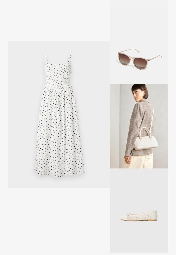 Weißes Midi-Kleid mit schwarzen Punkten, featuring ein gesmokt Oberteil, dünne Spaghettiträger und einen fließenden Rock. Weicher Stoff mit leichter Textur.; Spitz zulaufende Ballerinas aus cremefarbenem Leder mit transparentem Obermaterial, verziert mit verstreuten Strasssteinen. Weiche Sohle für Komfort, minimalistische Gestaltung.; Braune Farbverlauf-Sonnenbrille mit einem durchscheinenden rosa Rahmen, quadratischer Form und dünnen Metallbügeln. Verfügt über abgerundete Kanten und minimale Details.; Weiße strukturierte Handtasche mit kurzen Griffen und einem Schultergurt, ausgestattet mit goldfarbenen Hardware-Elementen und strukturiertem Material, vor einem grauen Hintergrund präsentiert.