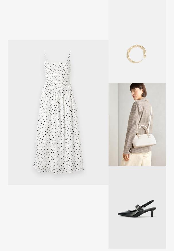 Weißes Midi-Kleid mit schwarzen Punkten, featuring ein gesmokt Oberteil, dünne Spaghettiträger und einen fließenden Rock. Weicher Stoff mit leichter Textur.; Schwarze Lackleder Slingback-Absätze mit spitzem Zeh und kleinem Blockabsatz, ausgestattet mit einem silbernen Schnallenakzent am Riemen.; Weiße strukturierte Handtasche mit kurzen Griffen und einem Schultergurt, ausgestattet mit goldfarbenen Hardware-Elementen und strukturiertem Material, vor einem grauen Hintergrund präsentiert.; Goldfarbener Ring mit einem organischen, gedrehten Design, glatter Oberfläche und sich verjüngenden Enden, was ein modernes, skulpturales Erscheinungsbild erzeugt.