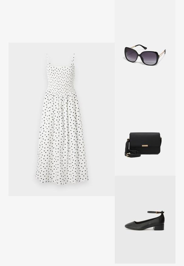 Hvid midi kjole med sorte prikker, med en smocket bodice, tynde skulderstropper og en let flared nederdel. Blødt stof med en let tekstur.; Sorte læderpumper med spids tå og en lav blokhæl. Har en ankelrem med en guldfarvet spænde. Glat tekstur.; Sorte oversized solbriller med gradientlinser, tykke stel og guldfarvet kæde detaljer på tempelarmene.; Sorte læder crossbody taske med flaplukning, guldfarvede Hardware, justerbar rem og tekstureret overflade. Kompakt rektangulær form.